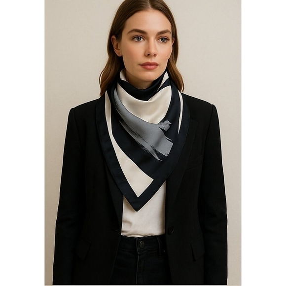 Chang Joh Silk Scarf Square 34x34 Black Gray White Abstract Brushstroke Design - Picture 1 of 10